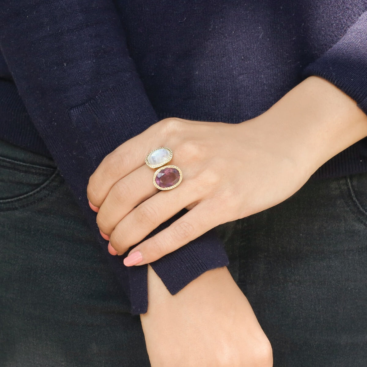 Alluring two faced rainbow moonstone & amethyst studded gold plated ri