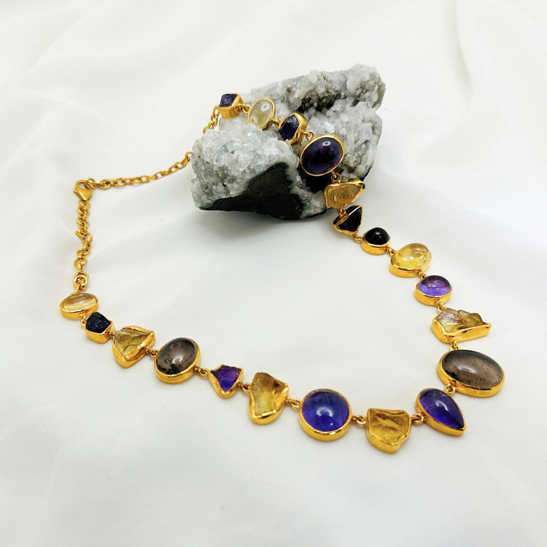 Sheen 18K Gold Plated Silver 925 Citrine , Amethyst & Smokey Quartz Necklace