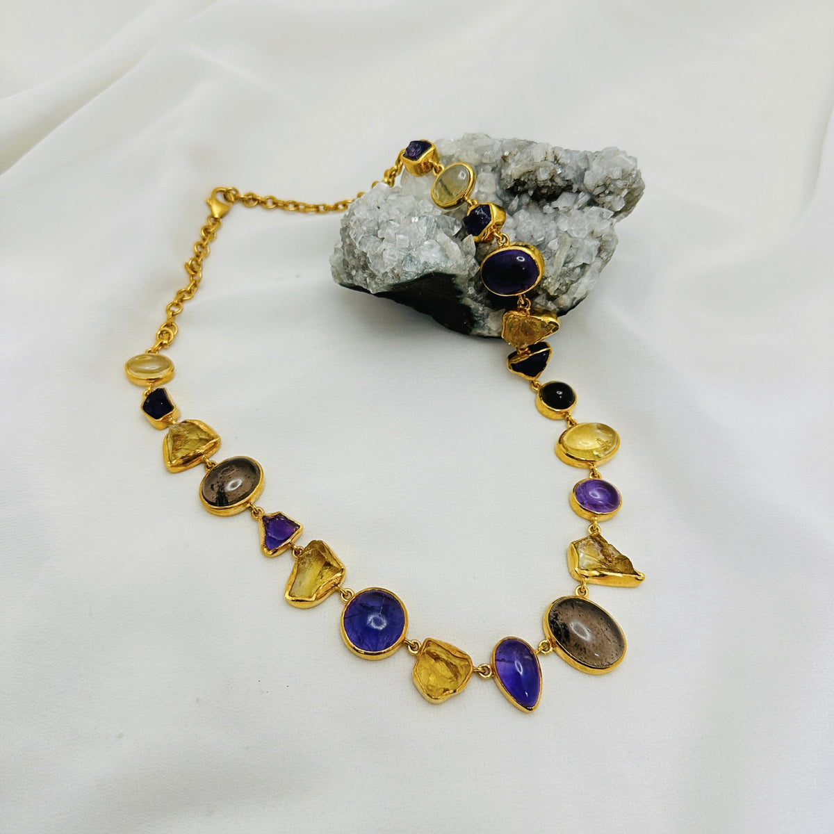 Sheen 18K Gold Plated Silver 925 Citrine , Amethyst & Smokey Quartz Necklace