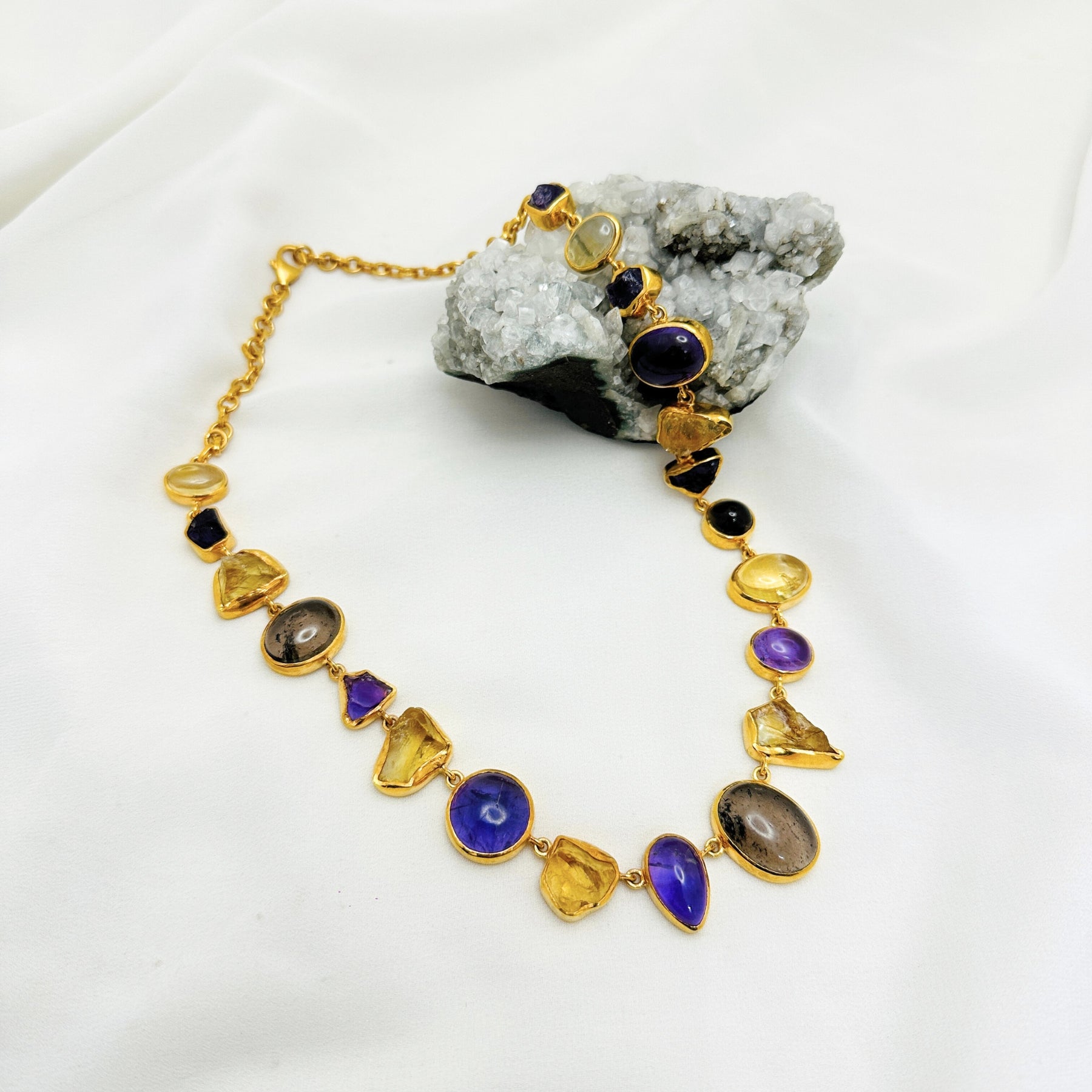 Sheen 18K Gold Plated Silver 925 Citrine , Amethyst & Smokey Quartz Necklace