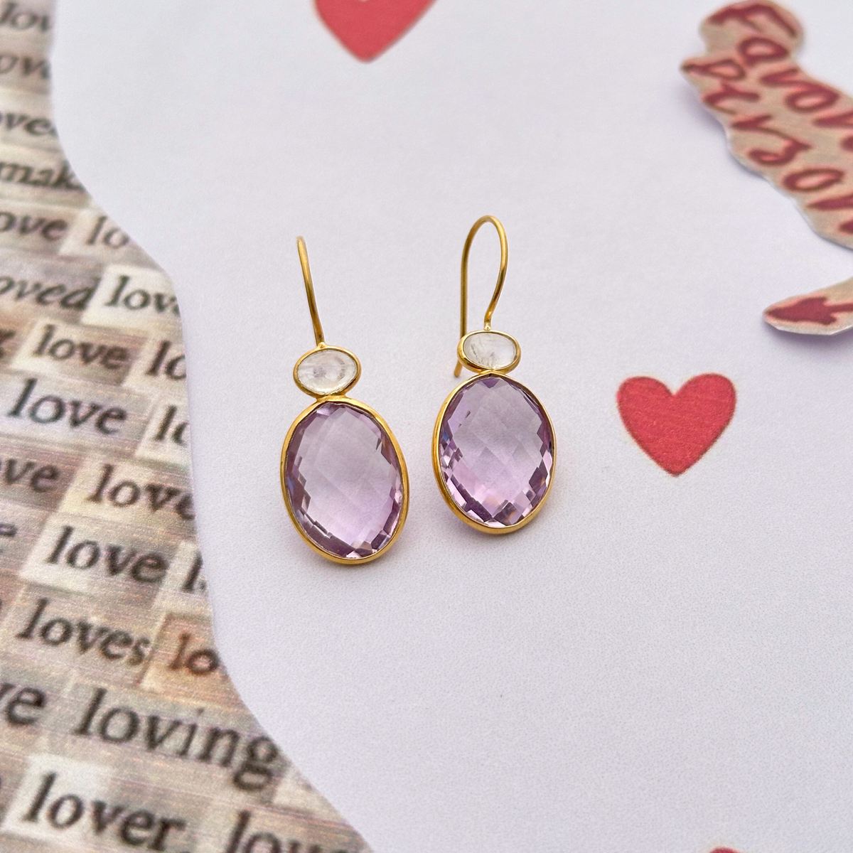 Bathon Amethyst & Moonstone 18K Gold Plated Silver 925 Love Earrings