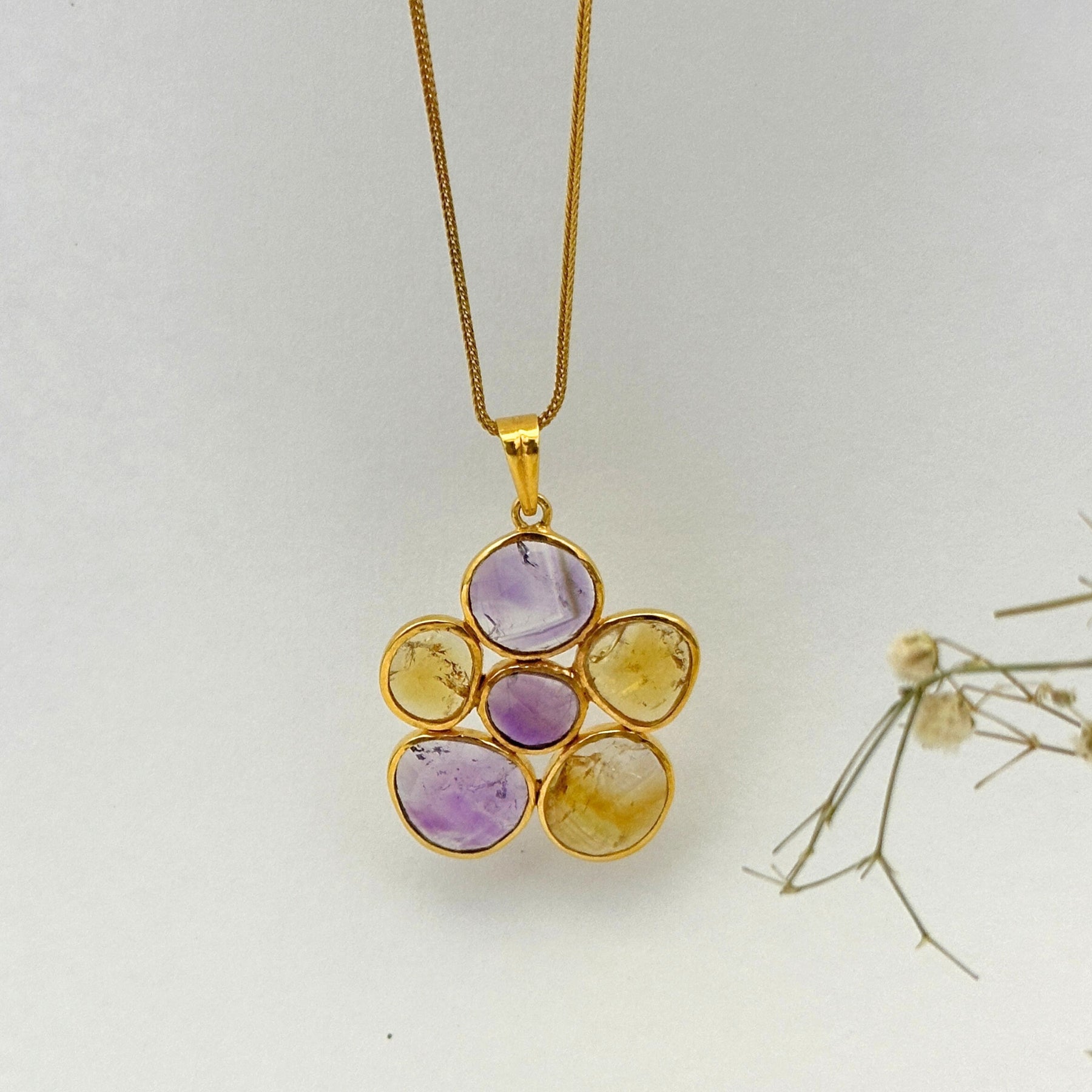 Flower Citrine and Amethyst 18k Gold Plated Silver 925 Pendant