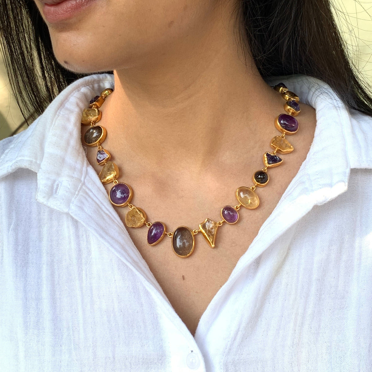 Sheen 18K Gold Plated Silver 925 Citrine , Amethyst & Smokey Quartz Necklace