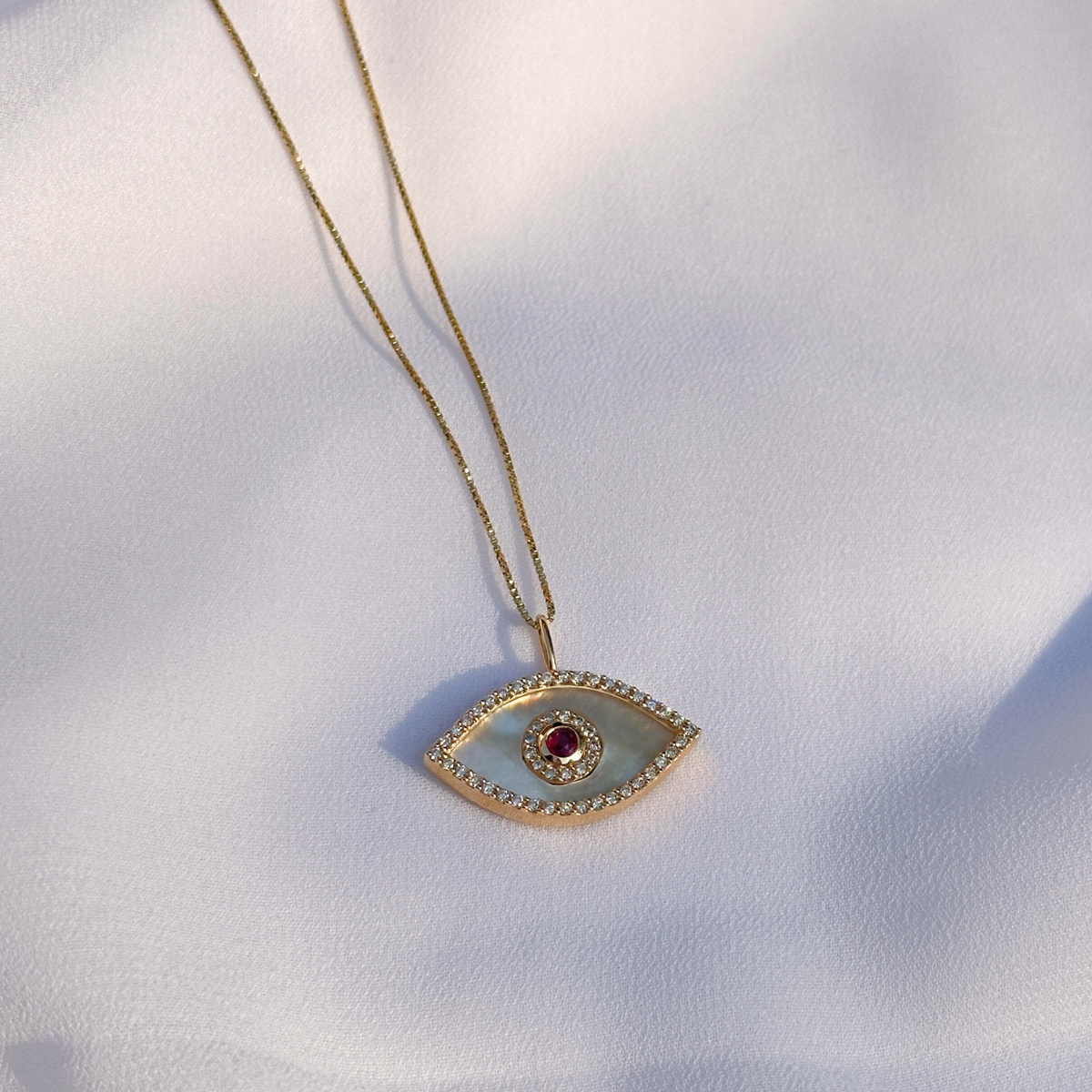 Mother of Pearl 14KT Gold Evil Eye Pendant Necklace with Diamonds