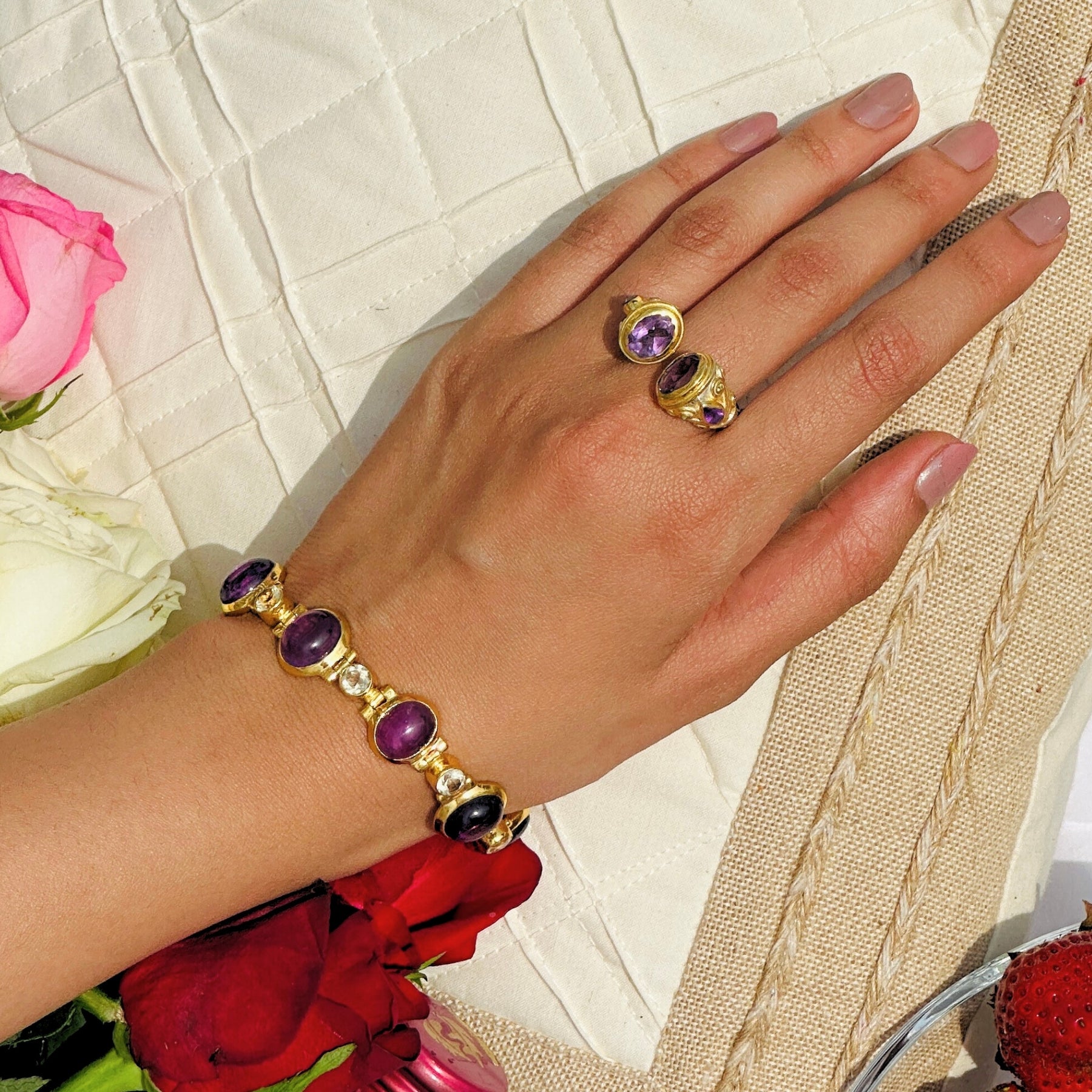 Purp Amethyst Citrine 18 KT Gold Plated Silver 925 Bracelet