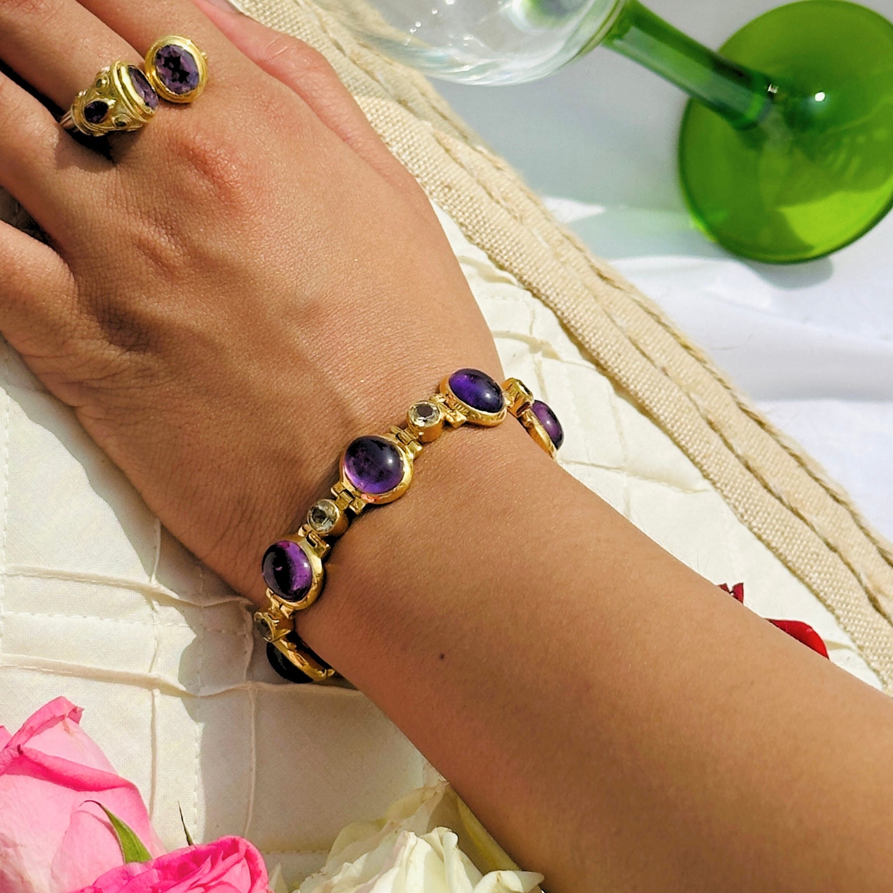 Purp Amethyst Citrine 18 KT Gold Plated Silver 925 Bracelet