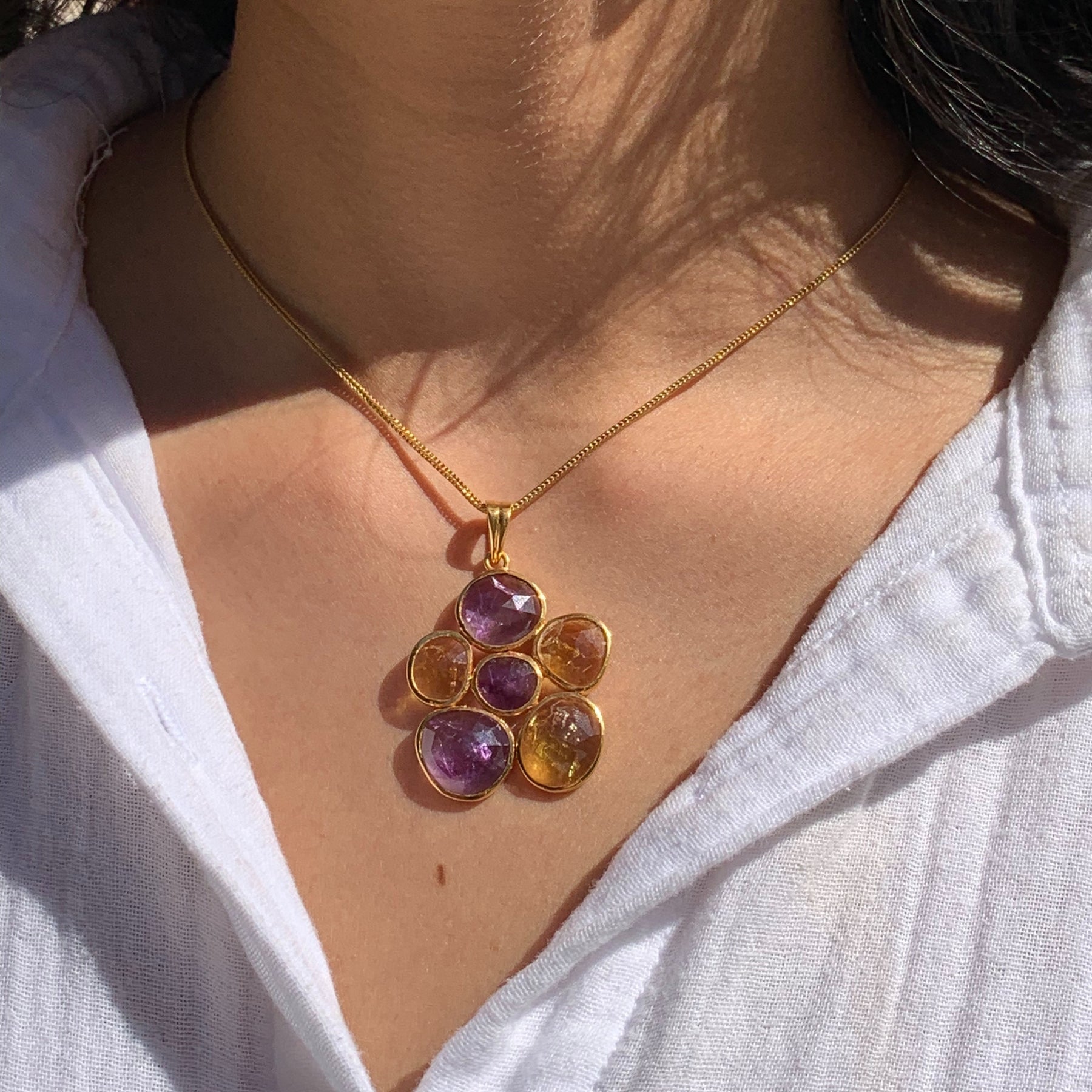 Flower Citrine and Amethyst 18k Gold Plated Silver 925 Pendant