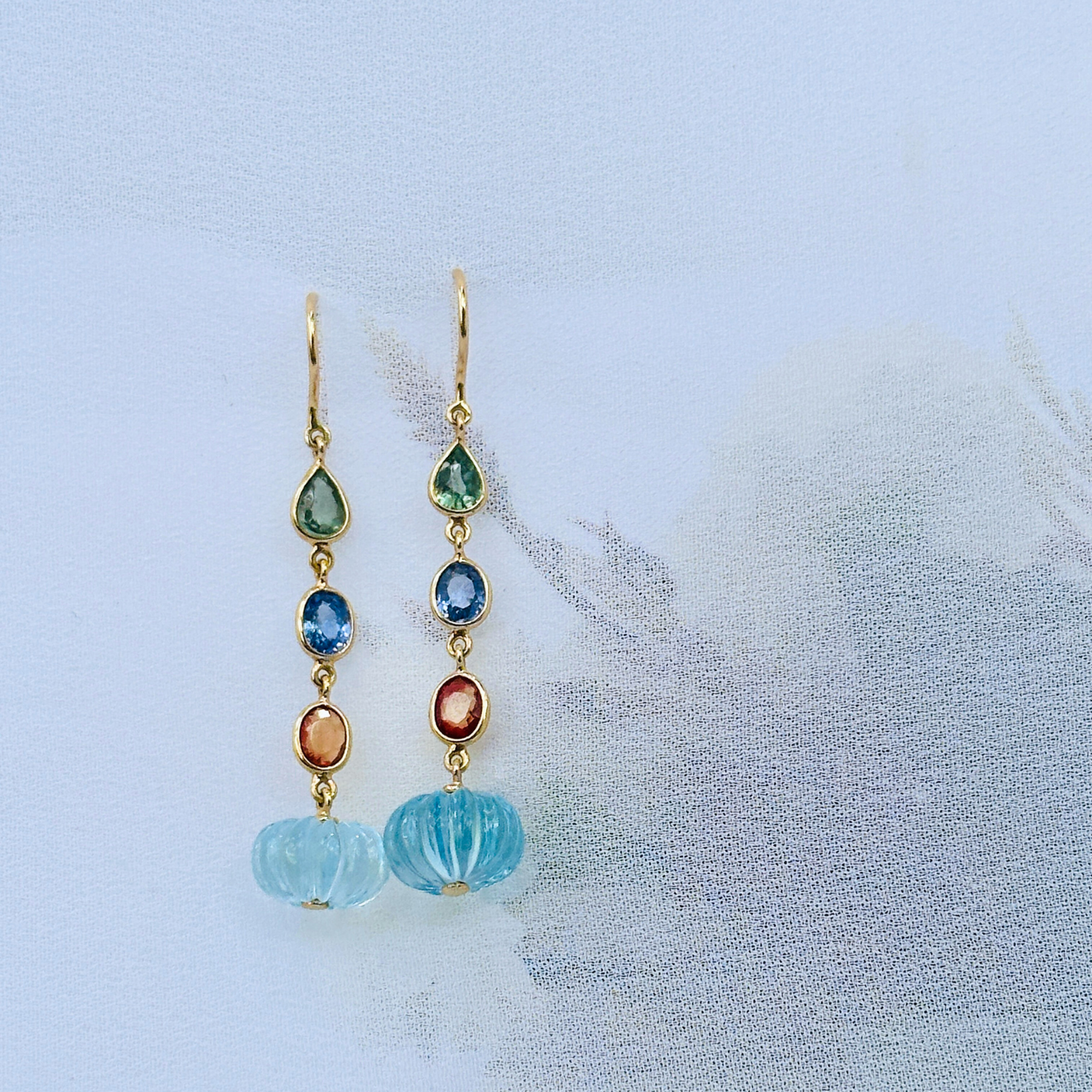 Blue Topaz & Multi Color Stone 18KT Gold Drop Earrings