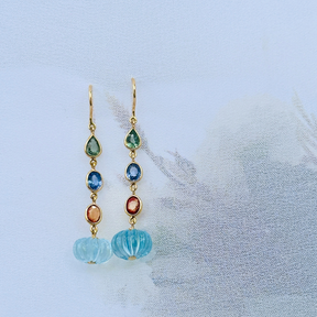 Blue Topaz & Multi Color Stone 18KT Gold Drop Earrings