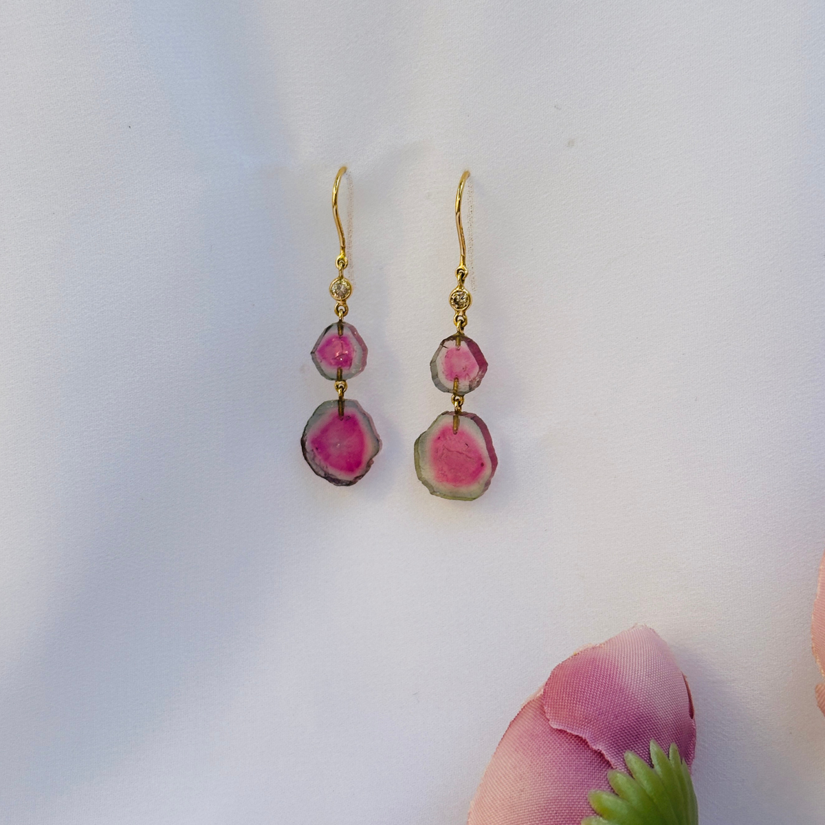 Watermelon Tourmaline & Diamond 18KT Gold Earrings