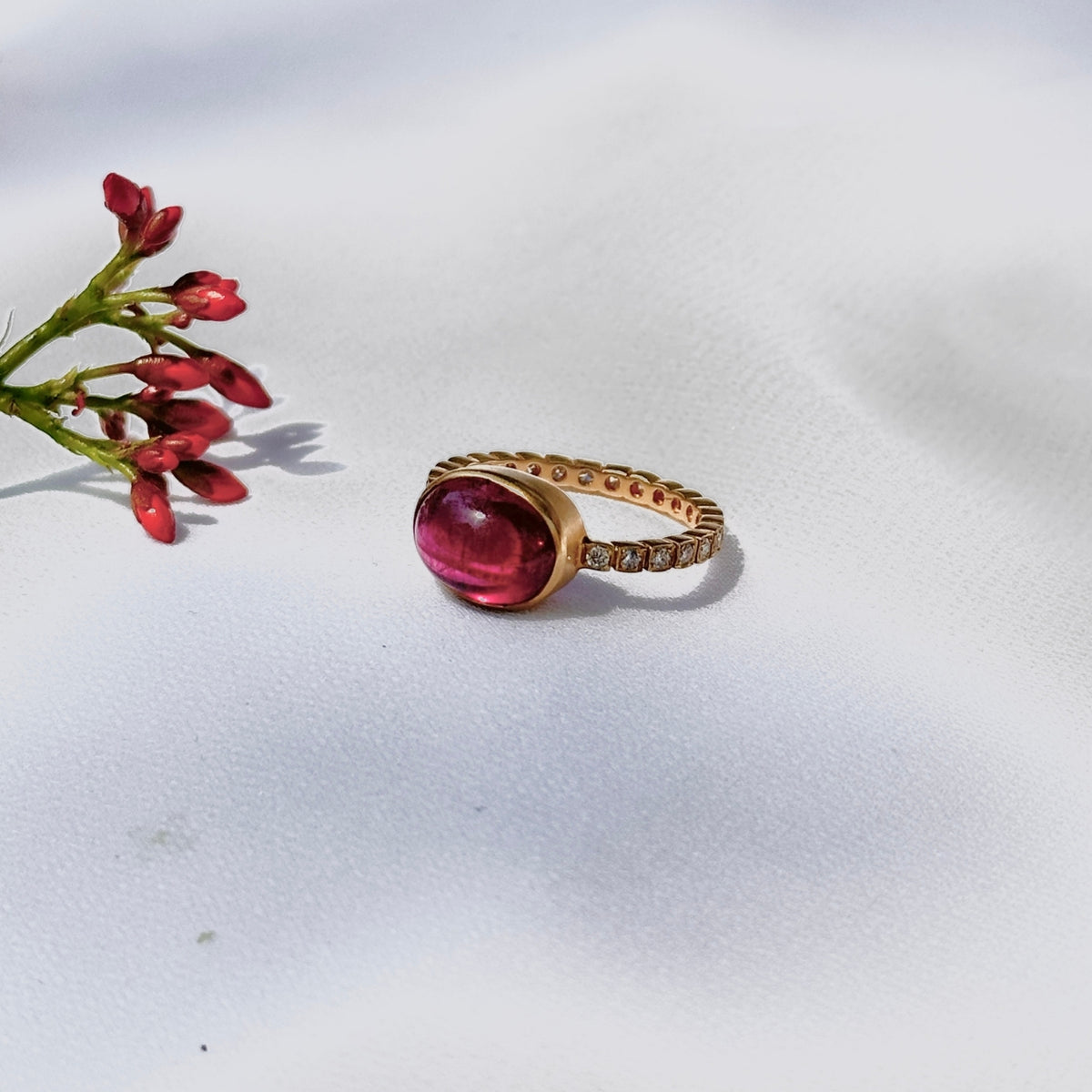 Pink Tourmaline 18KT Gold Ring with Diamonds