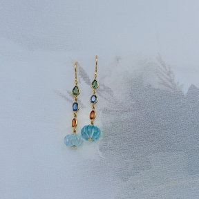 Blue Topaz & Multi Color Stone 18KT Gold Drop Earrings