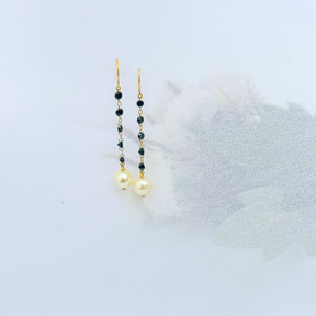 Pearl & Black Diamond Drop 18KT Gold Earrings