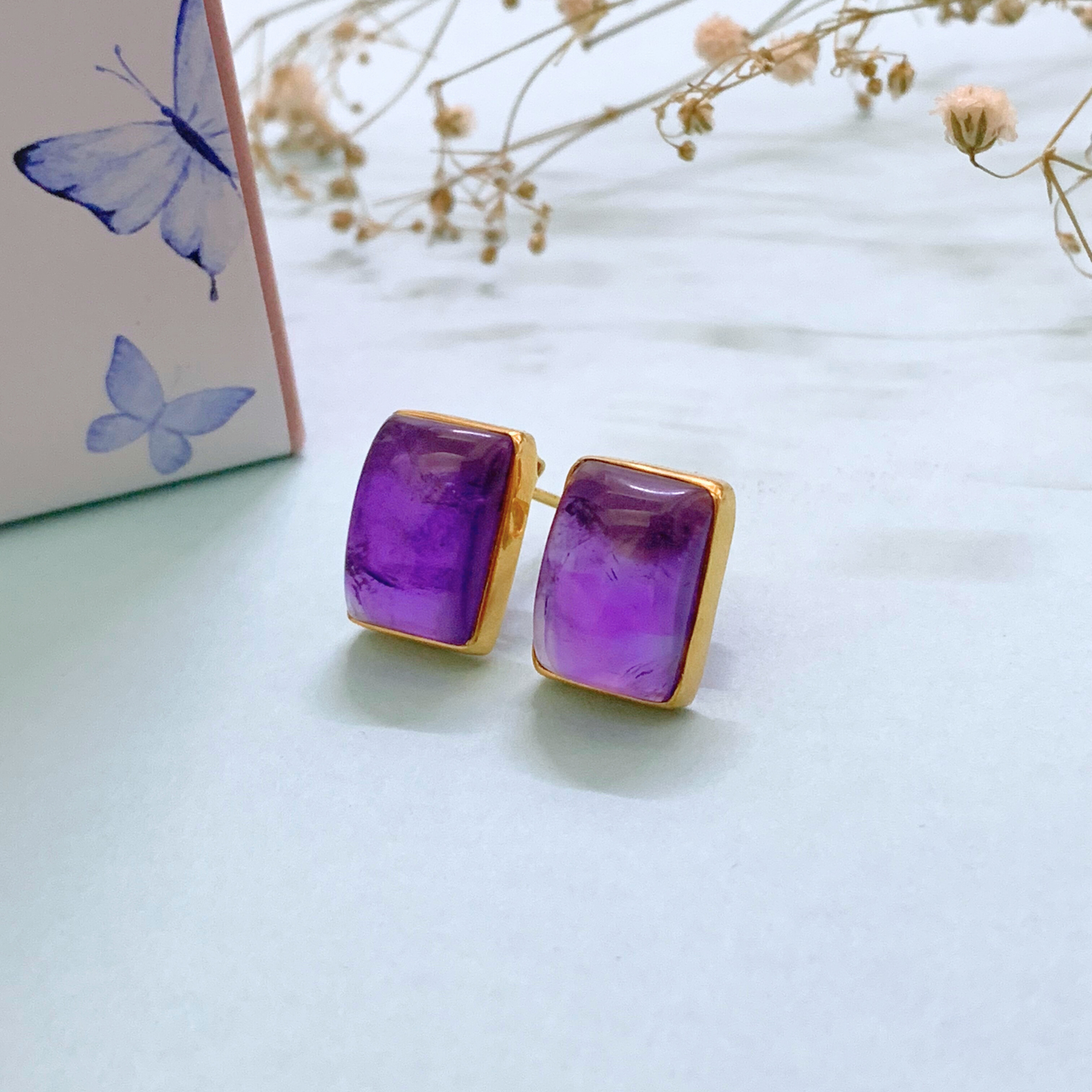 Rye Aquamarine & Amethyst 18K Gold Plated Silver 925 Stud Earrings