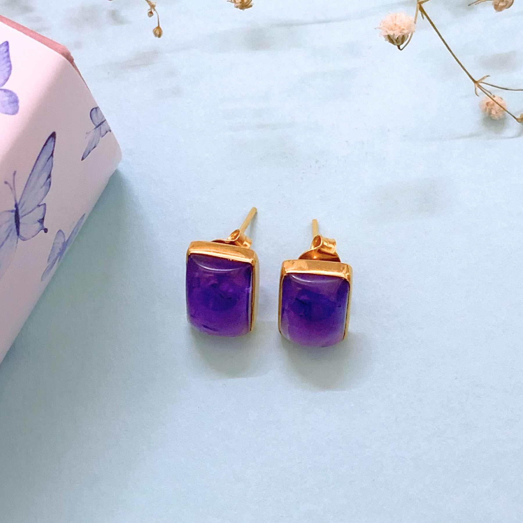 Rye Aquamarine & Amethyst 18K Gold Plated Silver 925 Stud Earrings