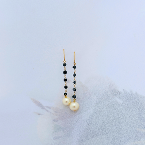 Pearl & Black Diamond Drop 18KT Gold Earrings