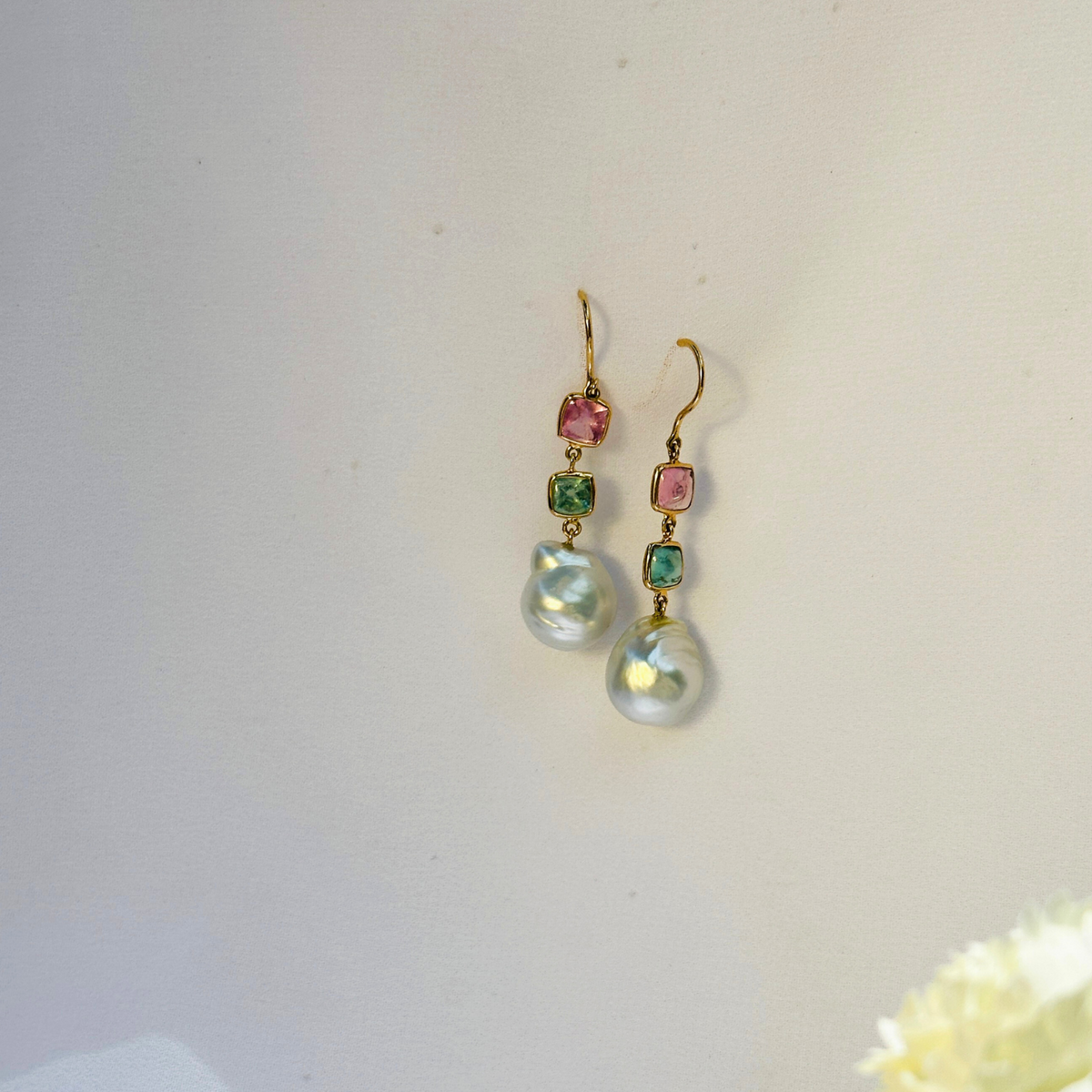 Pearl & Tourmaline 18KT Gold Earrings