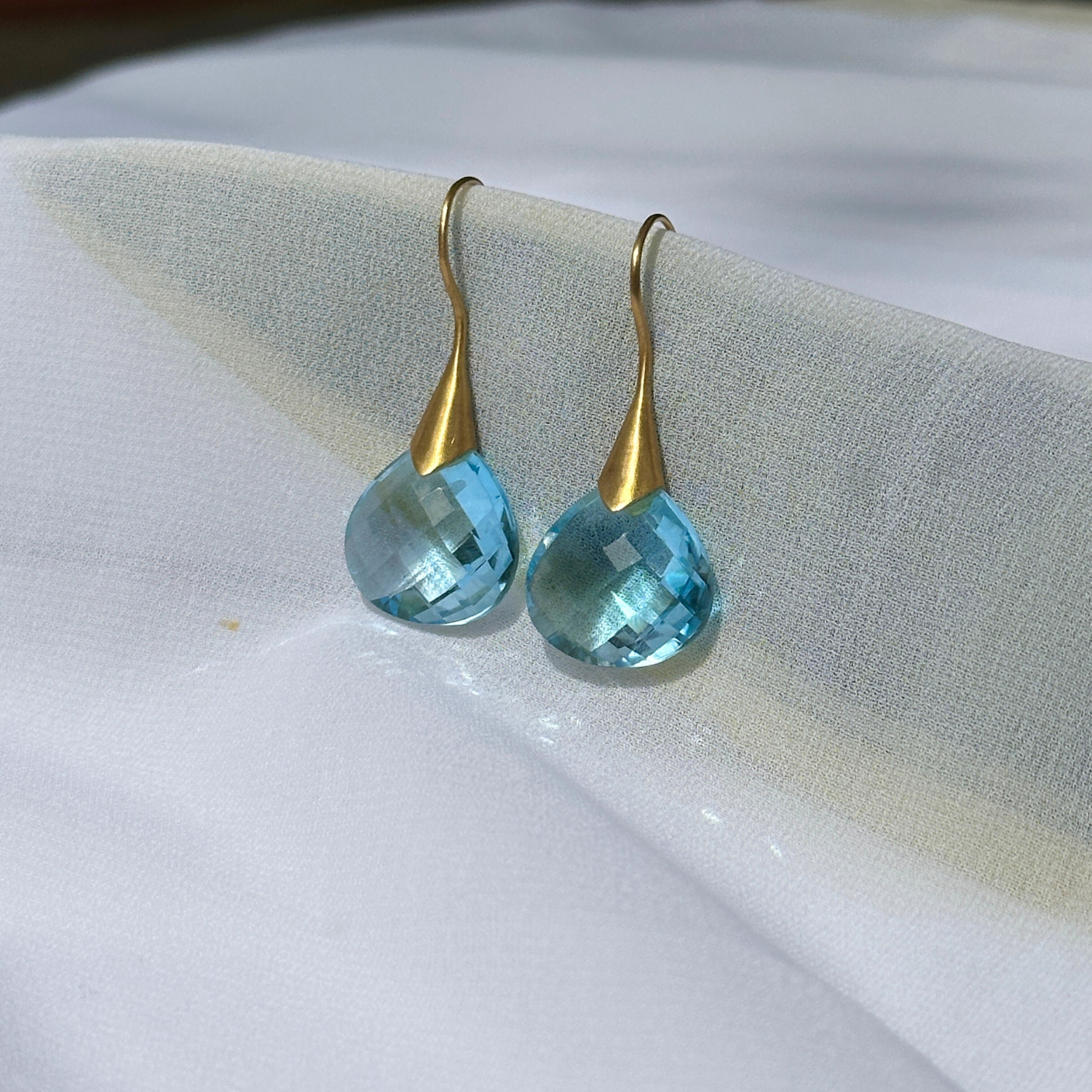 Blue Topaz Hanging 18KT Gold Earrings