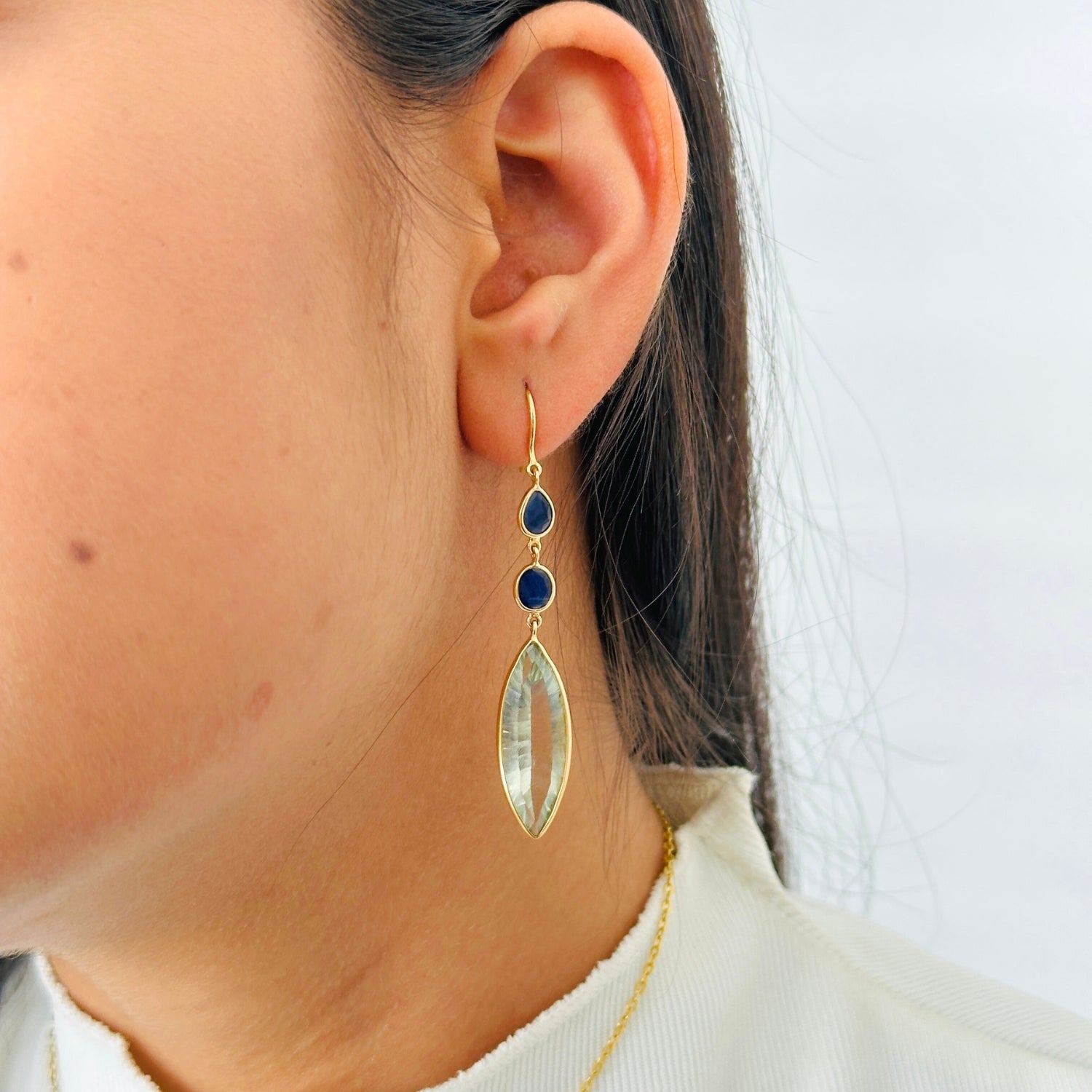 Green Amethyst & Sapphire 18KT Gold Earrings