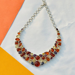 Gemstone, amber and garnet, Multistone Silver 925 Necklace