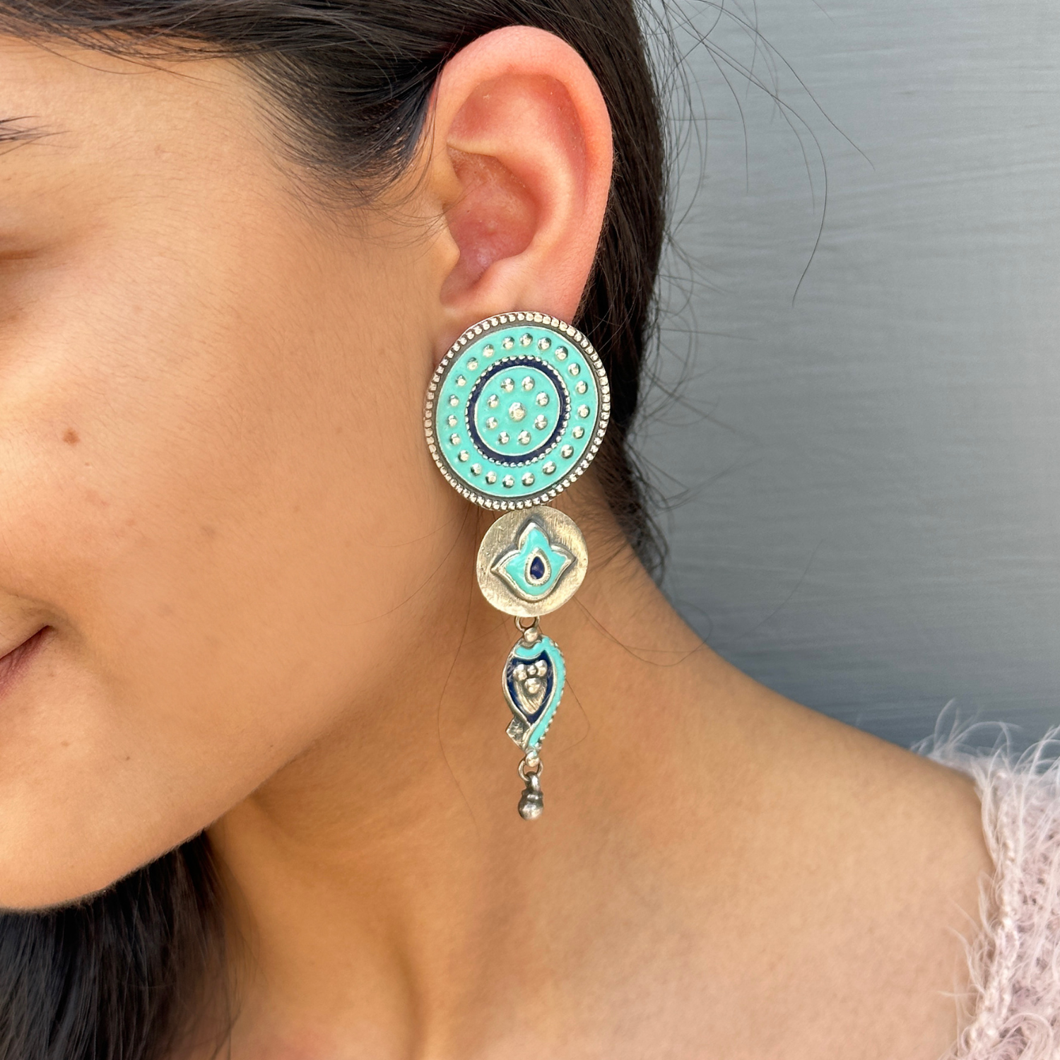 Turquoise and Navy Enamel Earrings