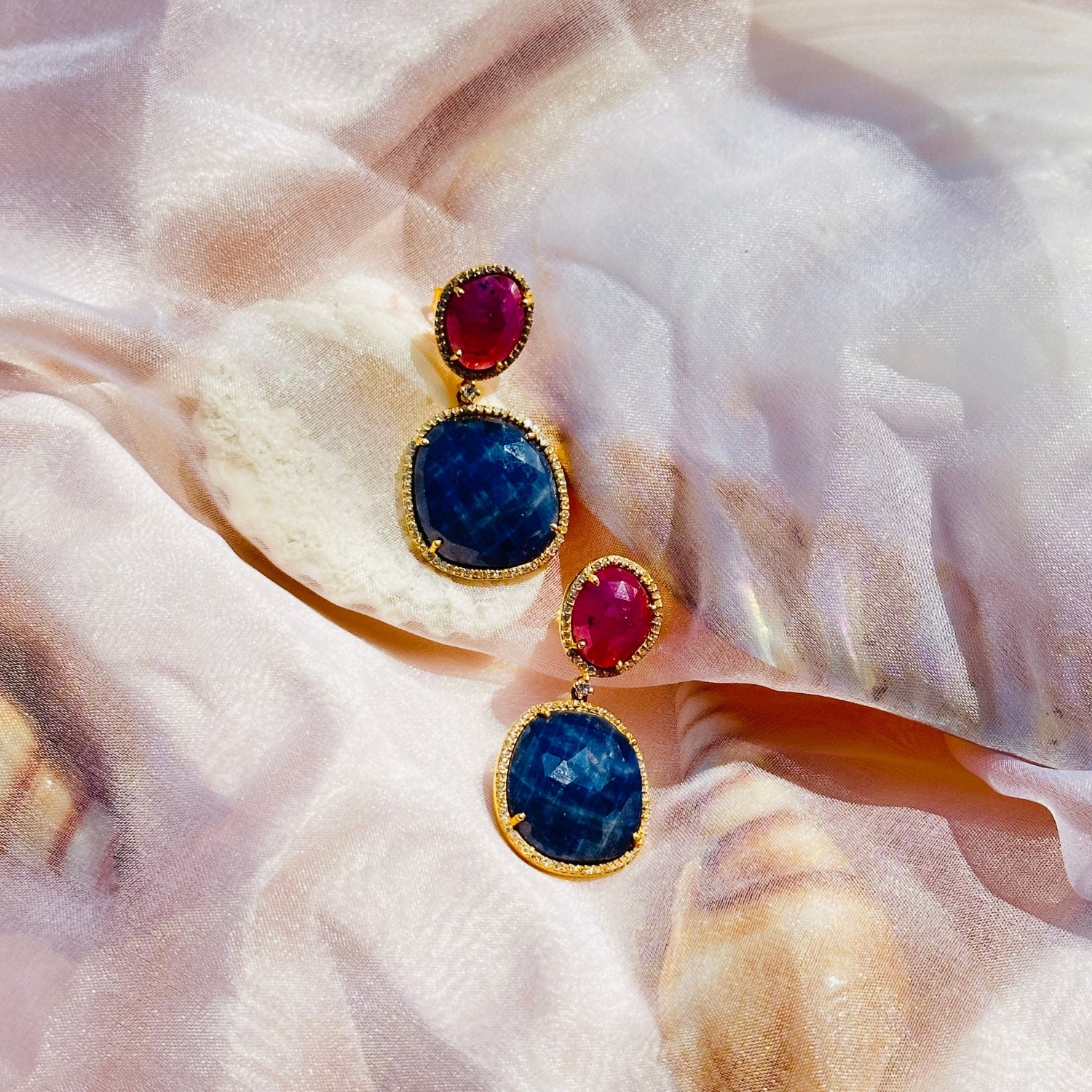 Camy Sapphire and Ruby 18K Gold Plated Silver Earrings