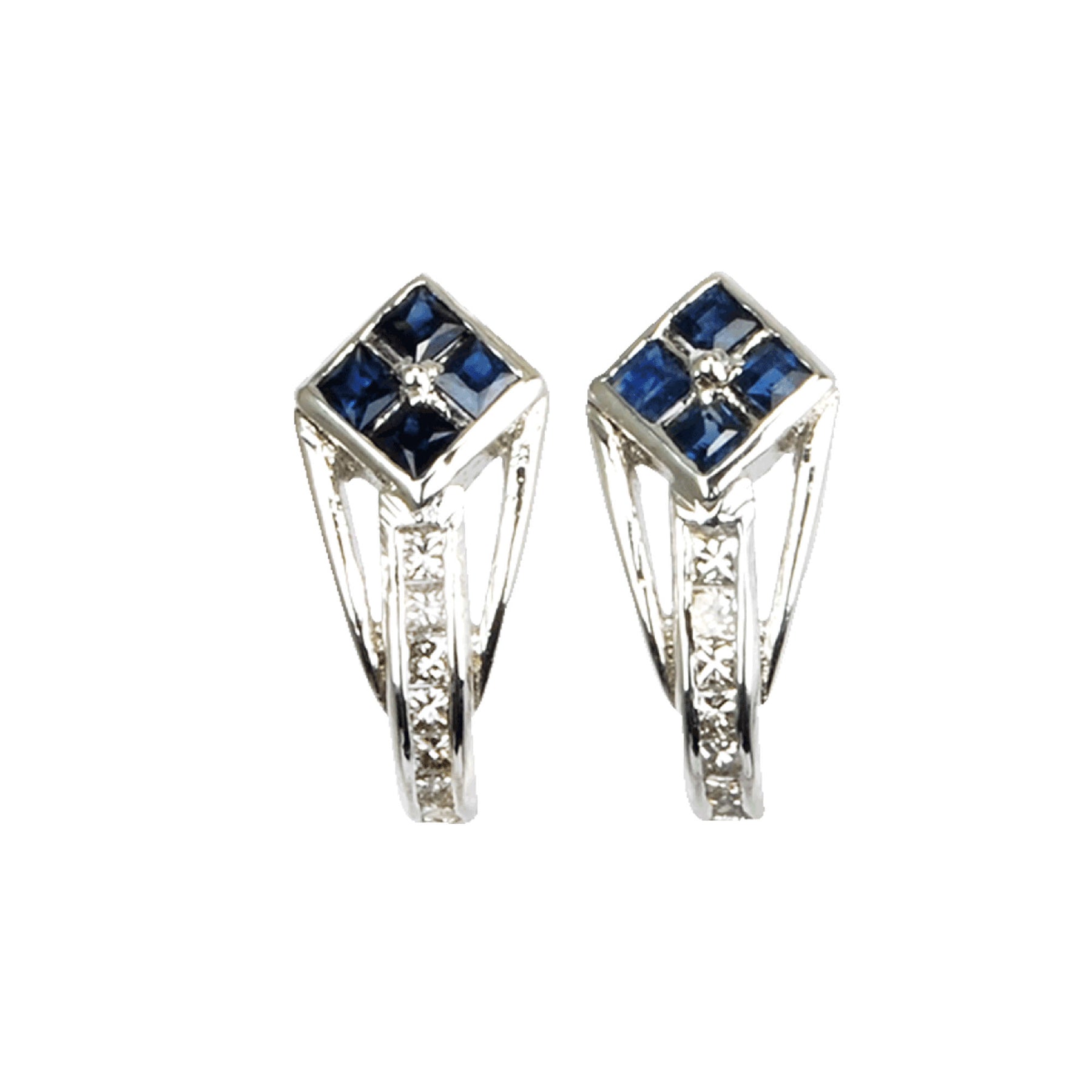 Silver Earrings with Diamonds and Princess cut Blue Sapphire
