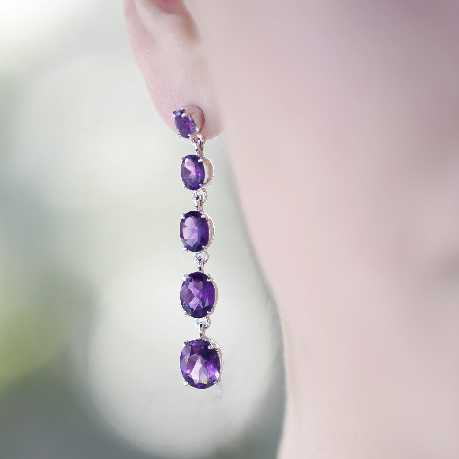 Silver Earrings Long with Amethyst