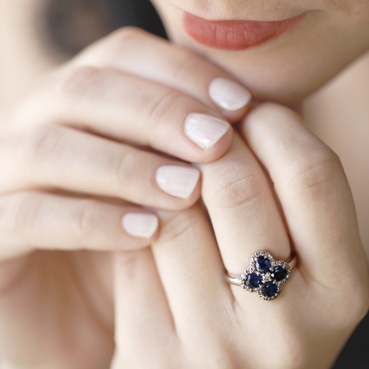 Silver Ring with oval Sapphires and Diamond, diamond ring, sapphire ring, silver ring, sterling silver ring, party ring, fashionable ring, trendy ring, chic ring, flower ring, blue ring