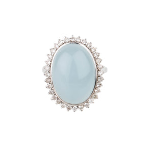 Oval Cabochon Silver 925 Aquamarine with Diamonds Ring