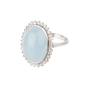 Oval Cabochon Silver 925 Aquamarine with Diamonds Ring